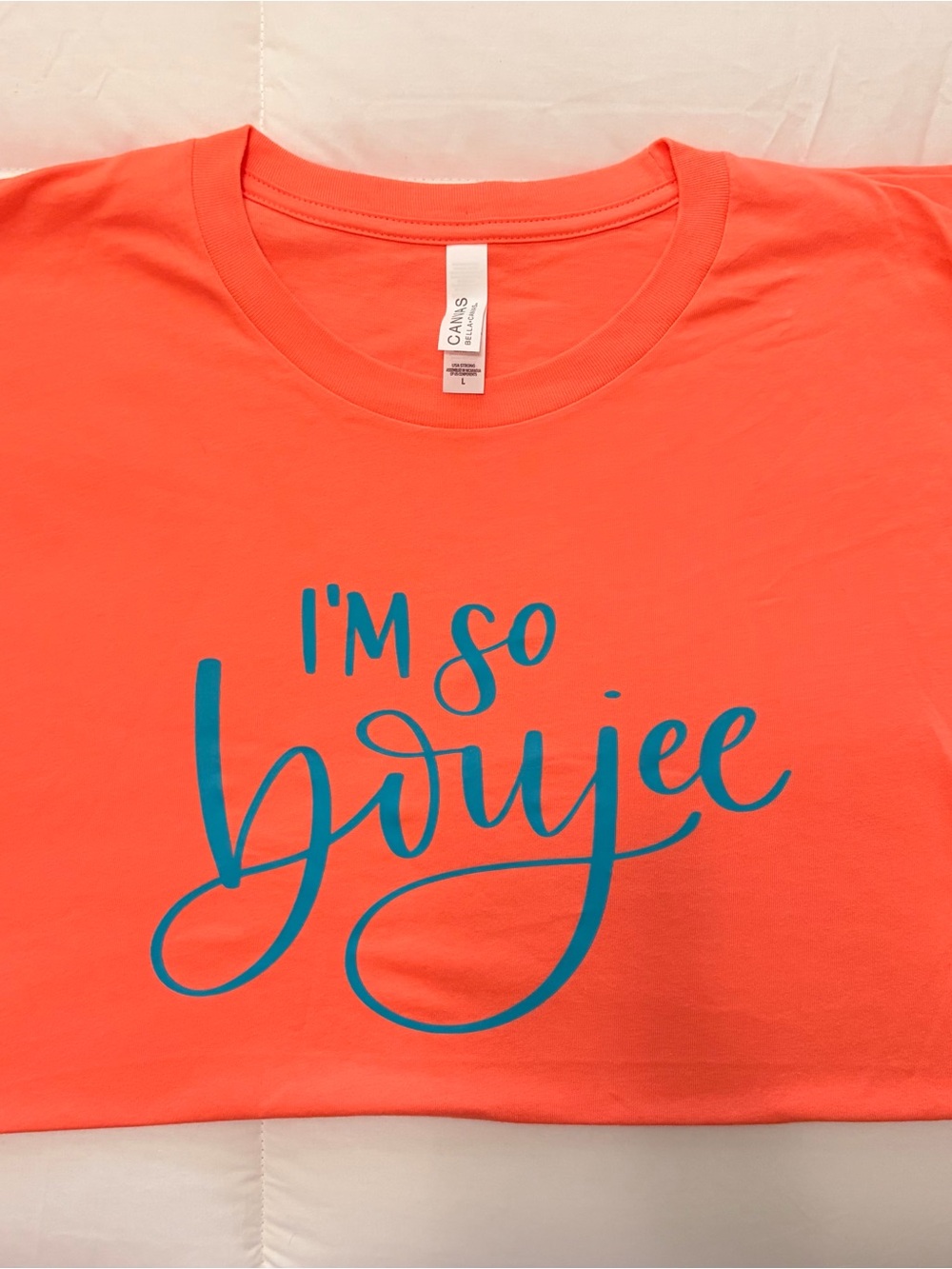 Bella Canvas Coral Tee with Teal Script "I'm So Boujee"